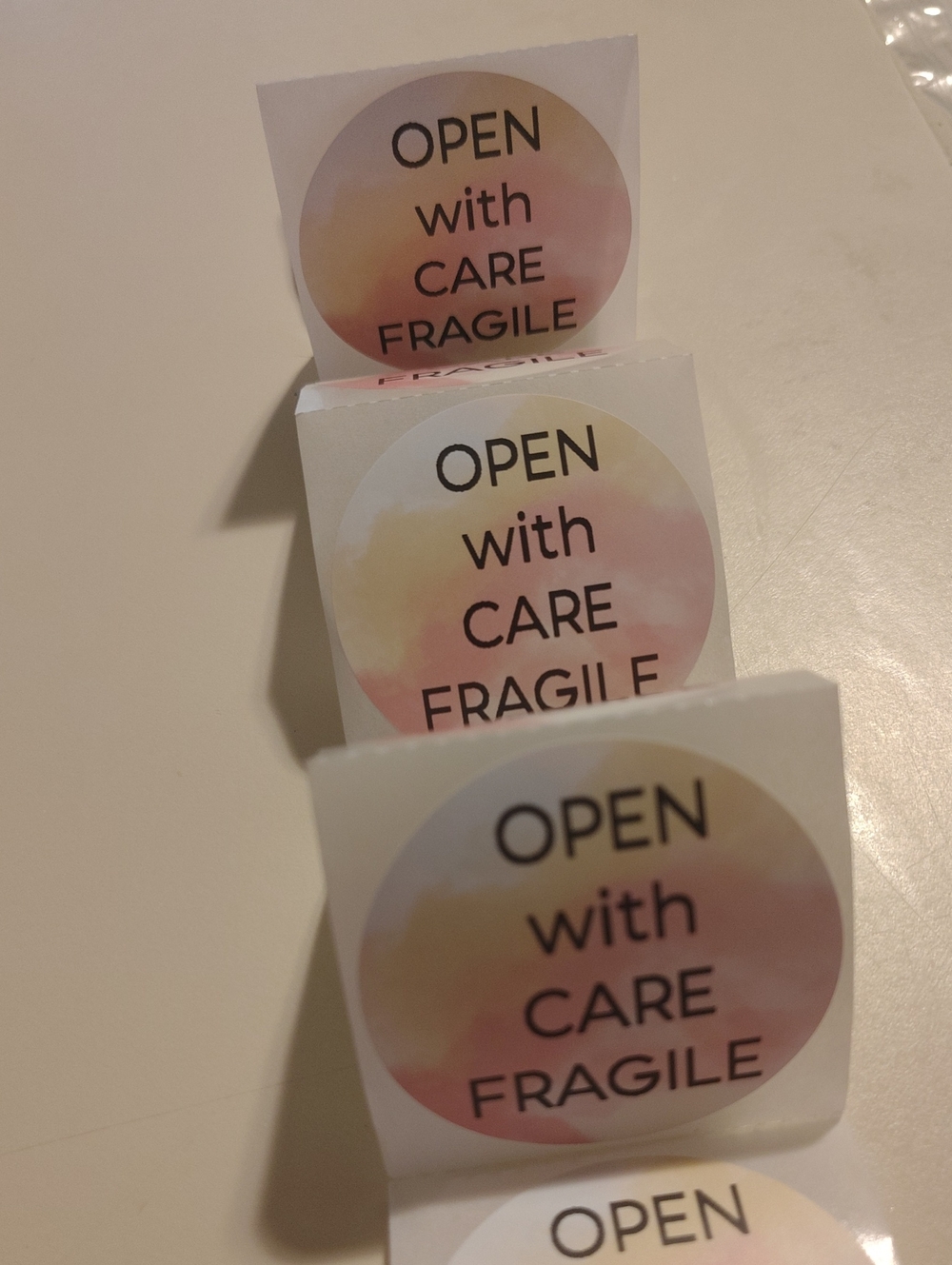 20 Open With Care Fragile Sticker Labels - Pastel Pink/Yellow